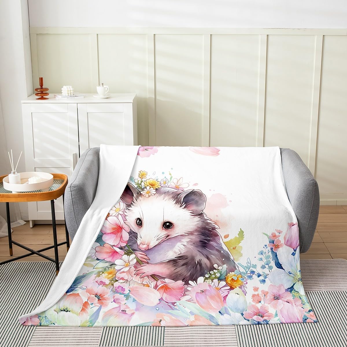 Feelyou Cute Opossum Flannel Fleece Throw Blanket Baby 30"x40" Boy Girl Cartoon Animal Theme Plush Blanket Flower Floral Print Fuzzy Blanket Farmhouse Zoo Wildlife Style Decor All Season Bed Blanket