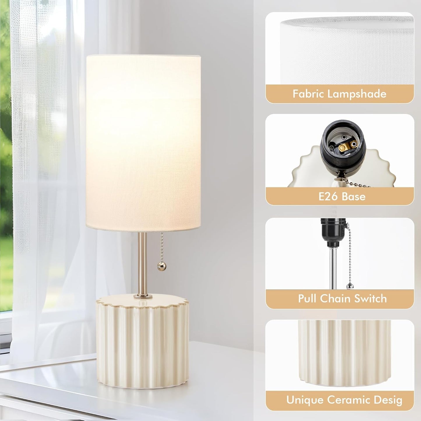GyroVu Ceramic Small Table Lamp Set of 2, Adjustable Color Temperature Bedside Nightstand Lamps with Pull Chain for Bedroom Living Room Reading, 2 Bulbs