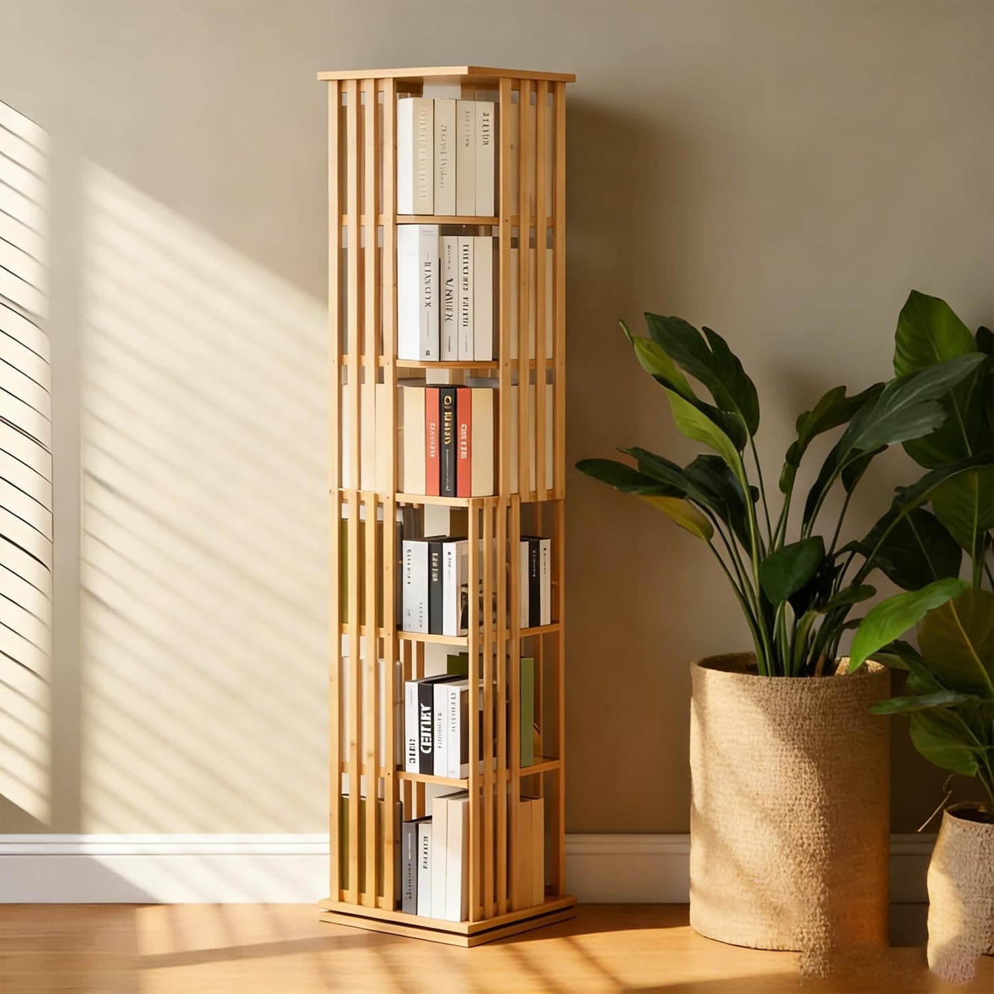 latifolia 6 Tier Rotating Bookshelf Tower, 360° Spinning Bamboo Bookcase, Coner Bookshelf for Office, Living Room, Narrow Space(Brown)