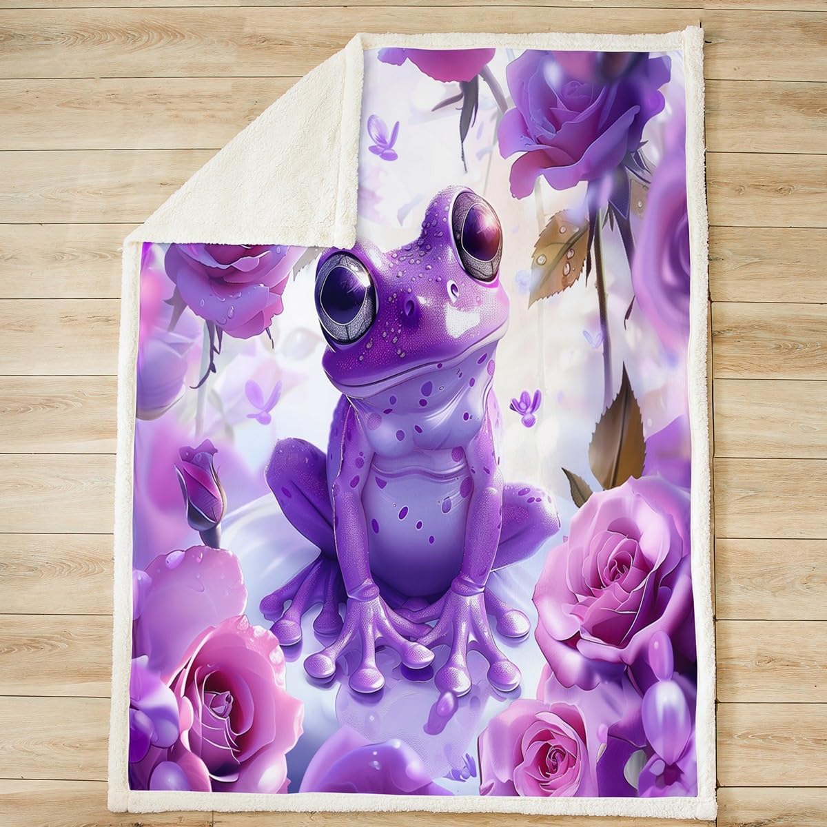 Manfei Cute Frog Kids Throw Blanket Purple Flower Frog Blanket for Couch Sofa, Cartoon Wildlife Floral Bed Blanket for Girls Adults Room Decor, Soft and Breathable Fleece Blanket(60 x 80 Inches)