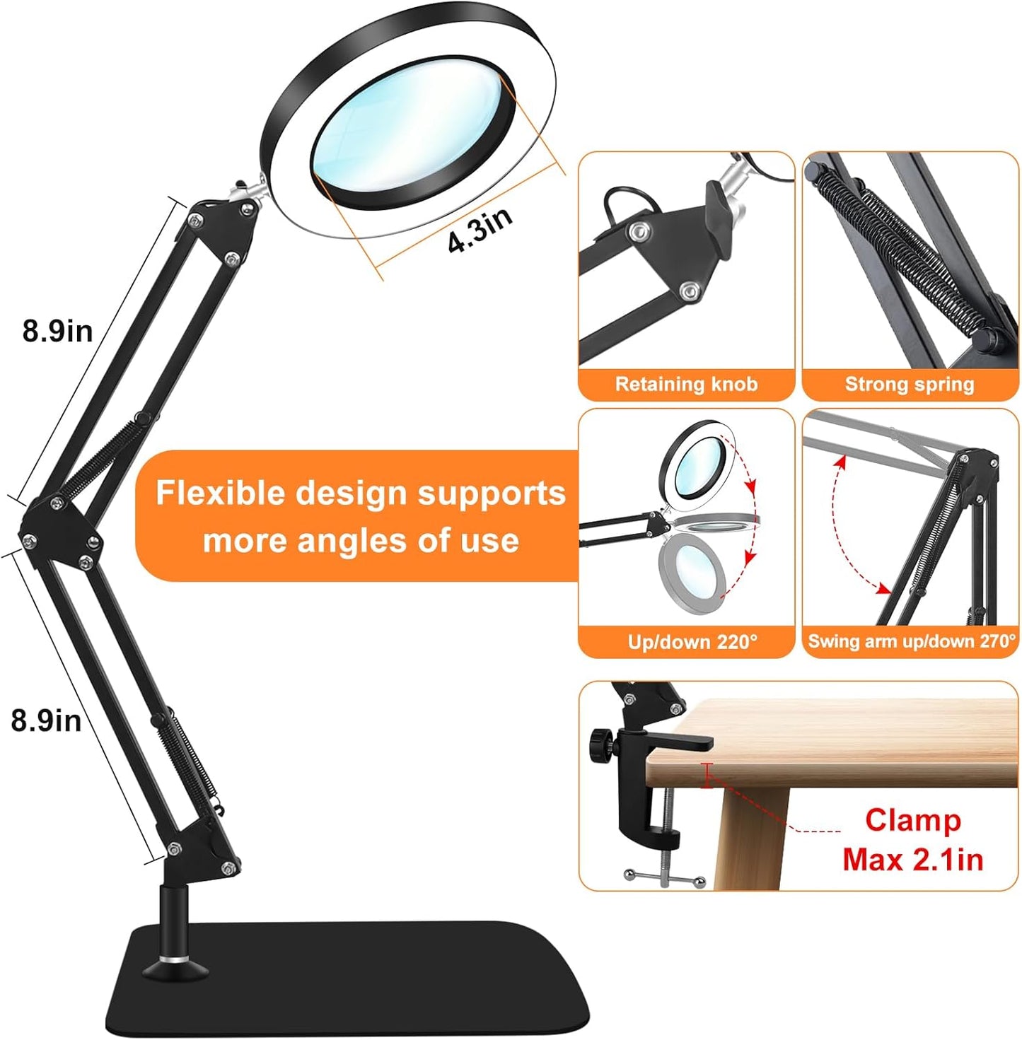 10X Magnifying Glass with Light and Stand, Dimmer Adjustable Swing Arm 2-in-1 Desk Lamp and Clamp, LED Lighted Desk Magnifier with Light for Craft Reading Repair Painting Close Work