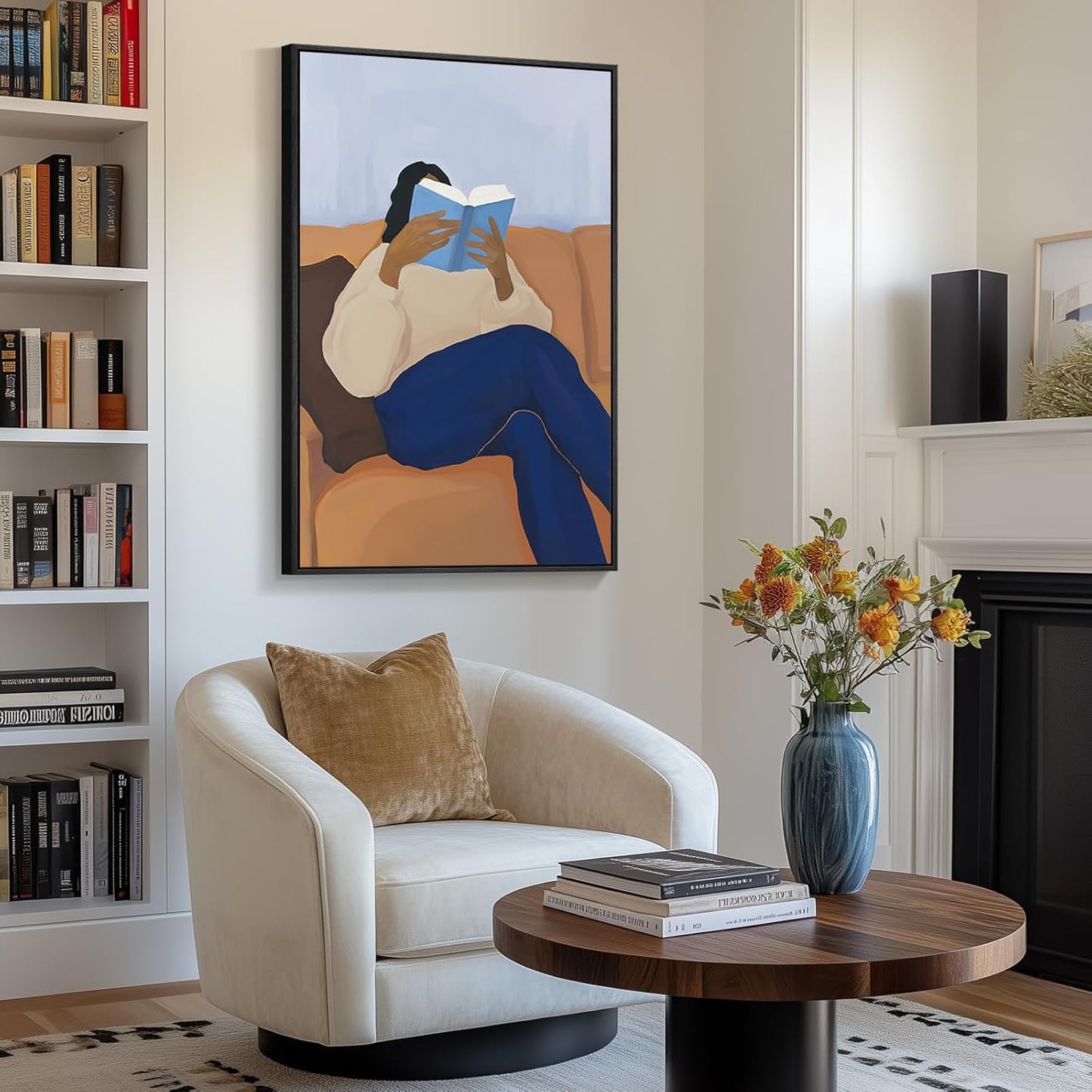 Framed Black Woman Reading Wall Art for Living Room, Modern Funny Blue Book Brown Canvas Picture Artwork, Funny Portrait Painting Prints for Dining Room Hallway Home Office Wall Decor, 24x36 Inch