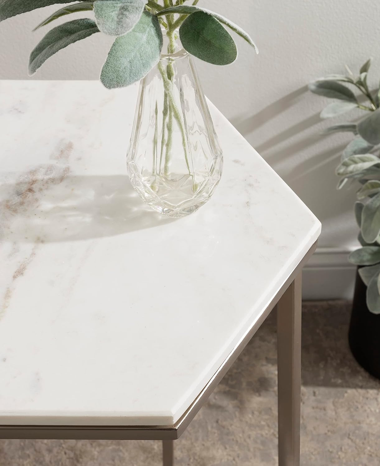 Kate and Laurel Trillion Modern C-Table; 16 x 14 x 28; Silver; Chic Marble Accent End Table with Geometric Hexagon Top