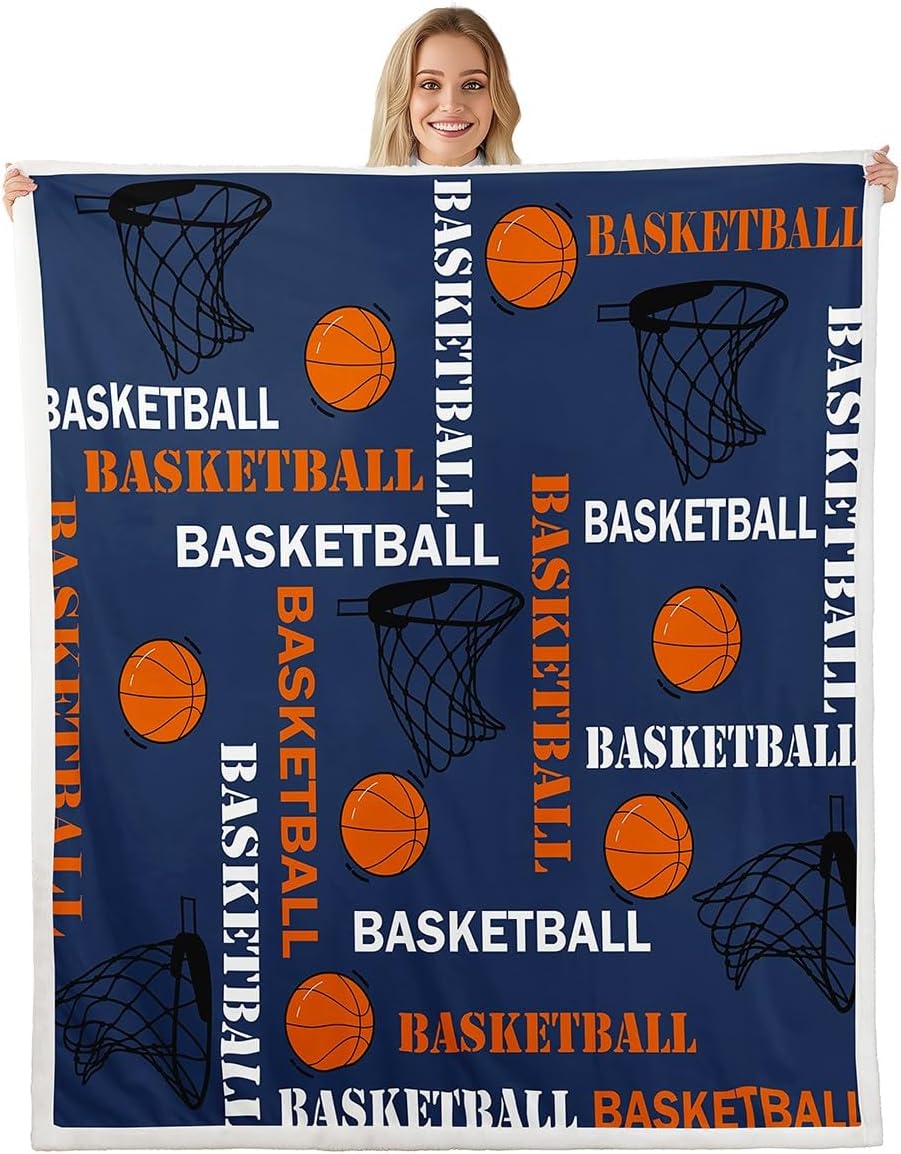 Feelyou Boys Basketball Sherpa Blanket Sports Basketball Print Fleece Throw Blanket for Kids Teens Girls Ball Gamer Decorations Fuzzy Blanket for Sofa Bed Couch Blue,Throw 50x60 Inches