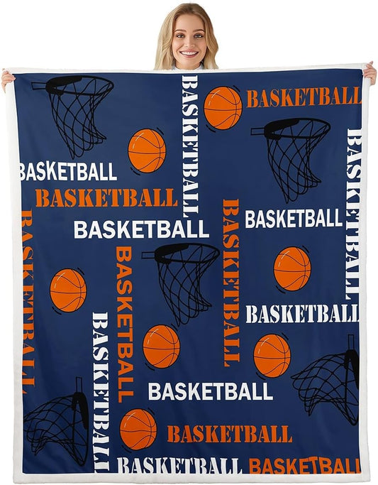 Feelyou Boys Basketball Sherpa Blanket Sports Basketball Print Fleece Throw Blanket for Kids Teens Girls Ball Gamer Decorations Fuzzy Blanket for Sofa Bed Couch Blue,Throw 50x60 Inches