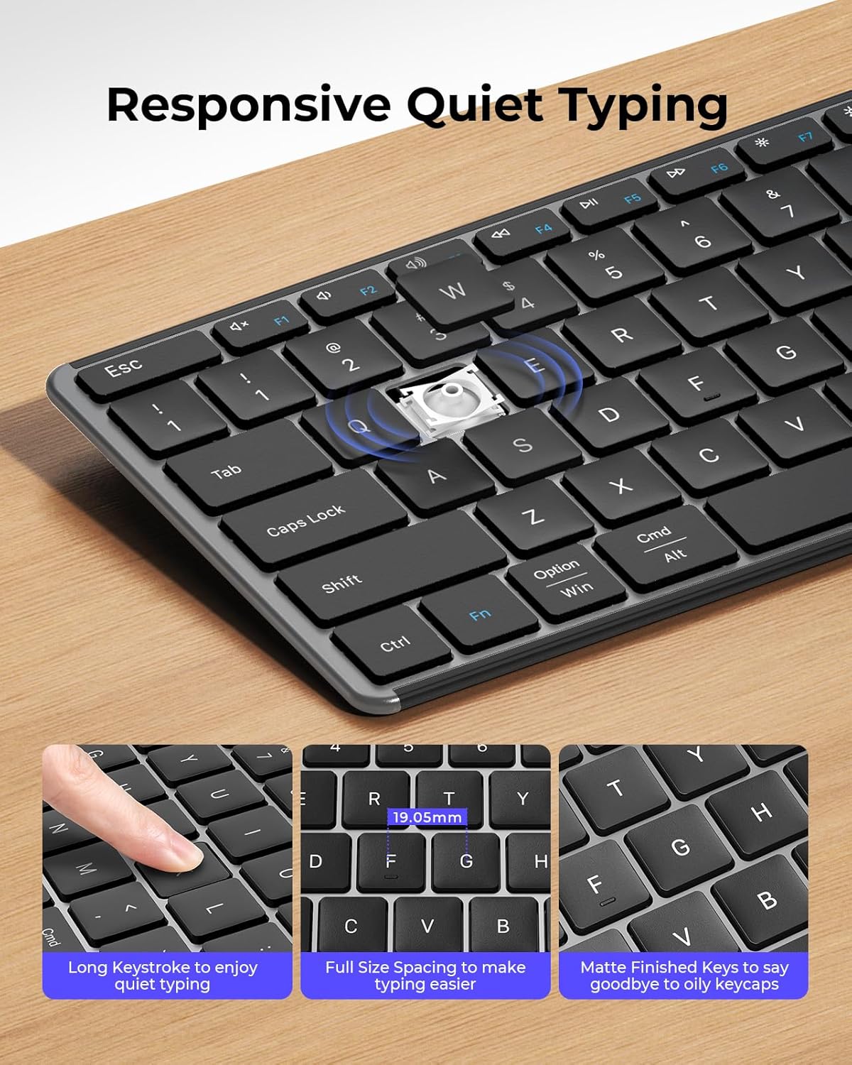 seenda Wireless Bluetooth Keyboard and Mouse Combo, SKM64-3 Rechargeable Slim Quiet Keyboard Mouse, 3 Multi-Device Connection, Compatible for Windows, Mac, MacBook, iPad, Tablet, Black Gray