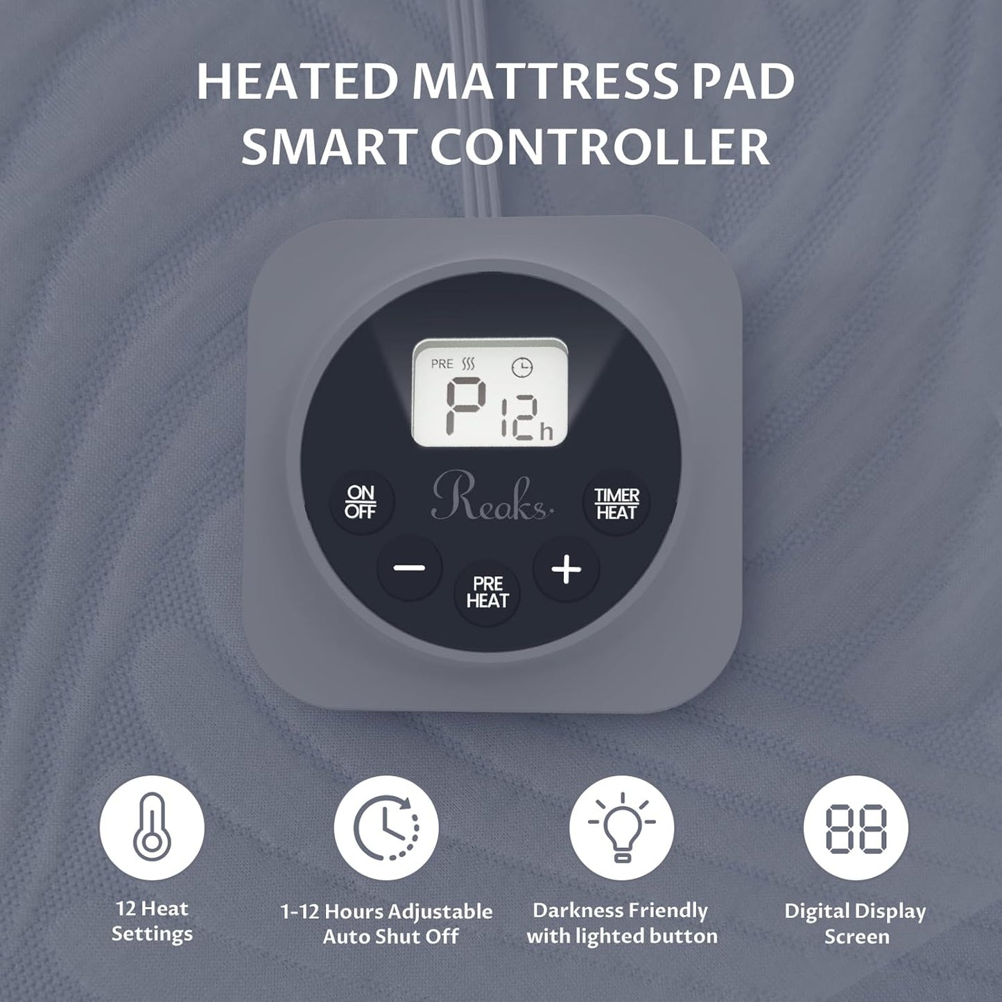 Foot King Size Electric Heated Mattress Pad - Foot Warmer for Bed with Memory & Preheat Functions, 12 Heat Settings Single Control for 1-12 Hours Auto Off, Lighted Button