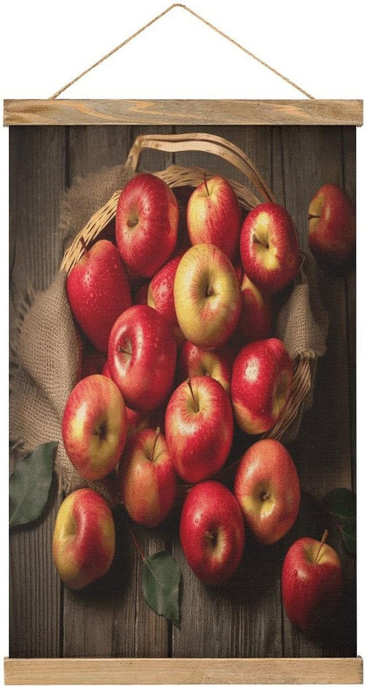 Vintage Fresh Ripe Apples Poster with Wooden Frame Personalized Linen Hanging Scroll Painting Rustic Wall Hanging Illustrative Modern Artwork Decor for Home Living Room Bedroom Office
