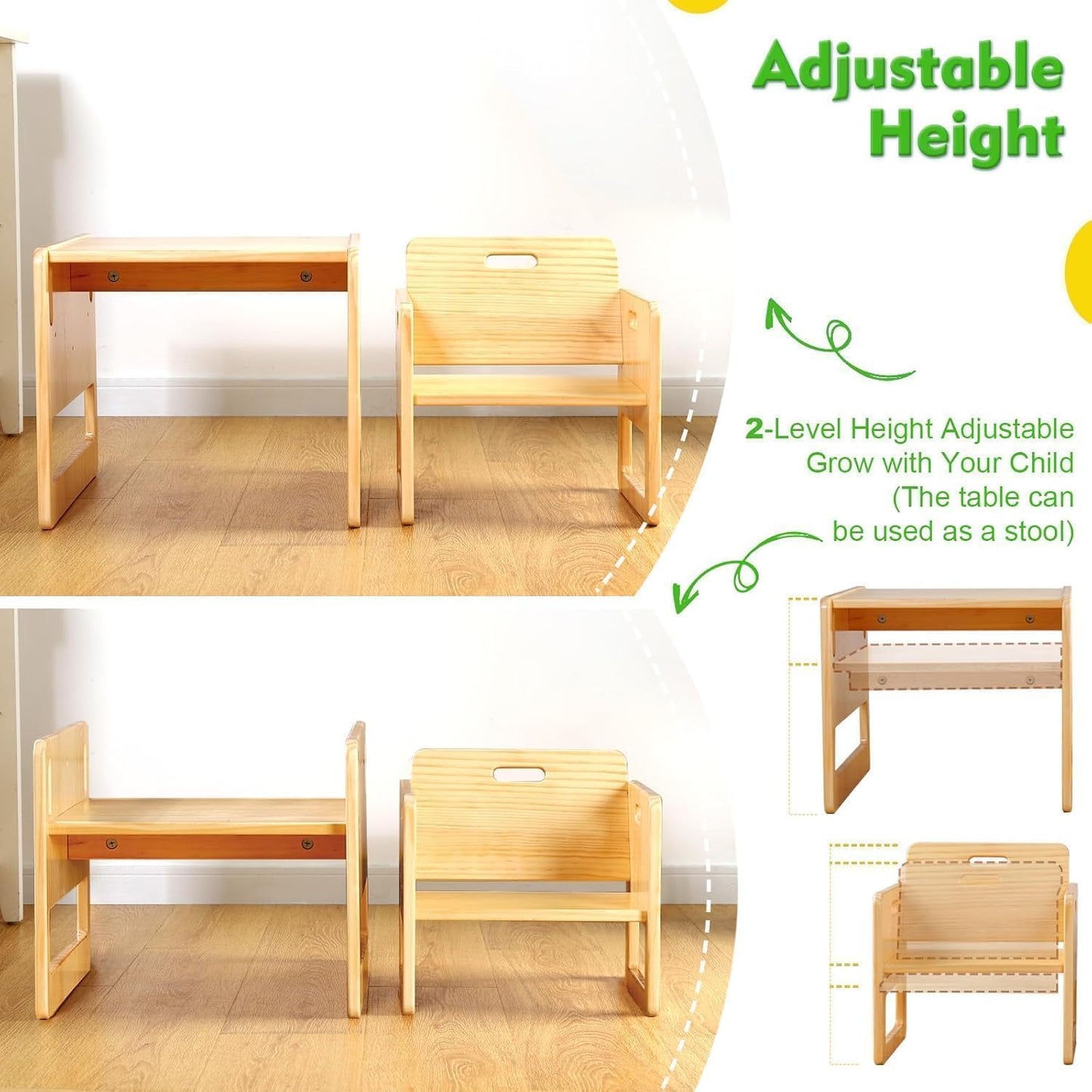 FUNLIO Montessori Weaning Table and Chair Set for Toddlers Age 1-3, Height Adjustable Toddler Table and Chair Set, Cube Kids Table Chair for Reading/Eating/Playing, Easy to Assemble, CPC Certified