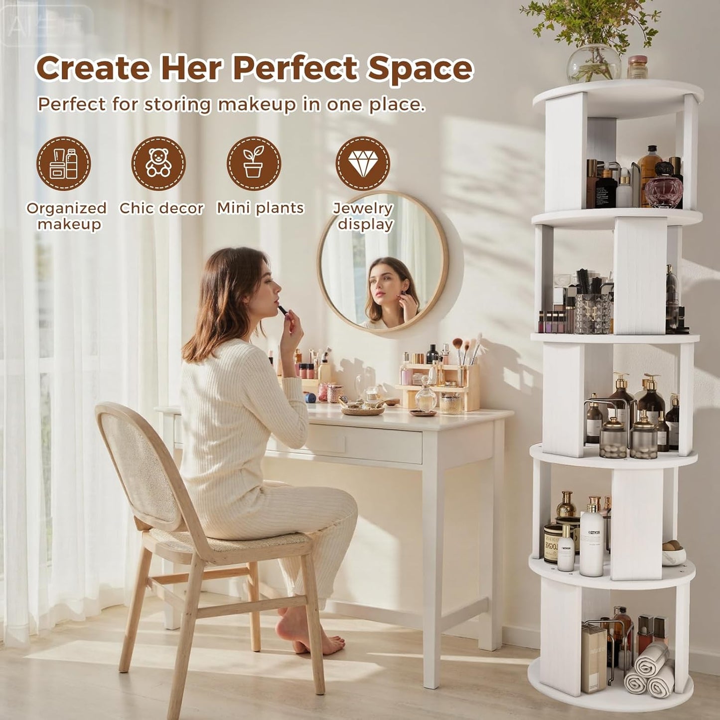5 Tier Rotating Bookshelf Tower, 360° Display Round Bookcase, Floor Standing Corner Revolving Bookshelf Organizer Storage Rack for Home Study Office, White