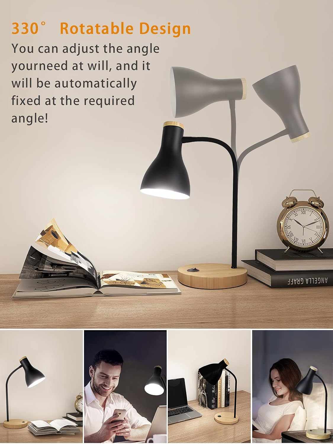 Metal Desk Lamp Table Lamp Reading Lights Arc Desk Lamps for Bedroom, Wood Base Bedside Lamp with Flexible Gooseneck for Study Room and Office (Wood Base+Black)
