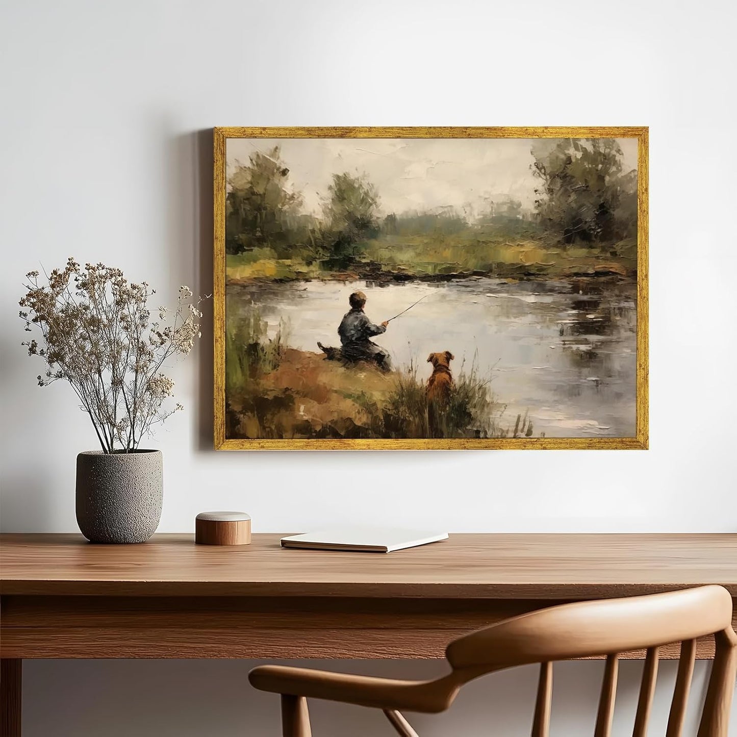 Large Gold Framed Vintage Boy Fishing Landscape Framed Wall Art Retro Lake Scene with Dog Oil Painting Poster Rustic Countryside Animal Picture Canvas Print for Farmhouse Boys Room Decor 36x24inch