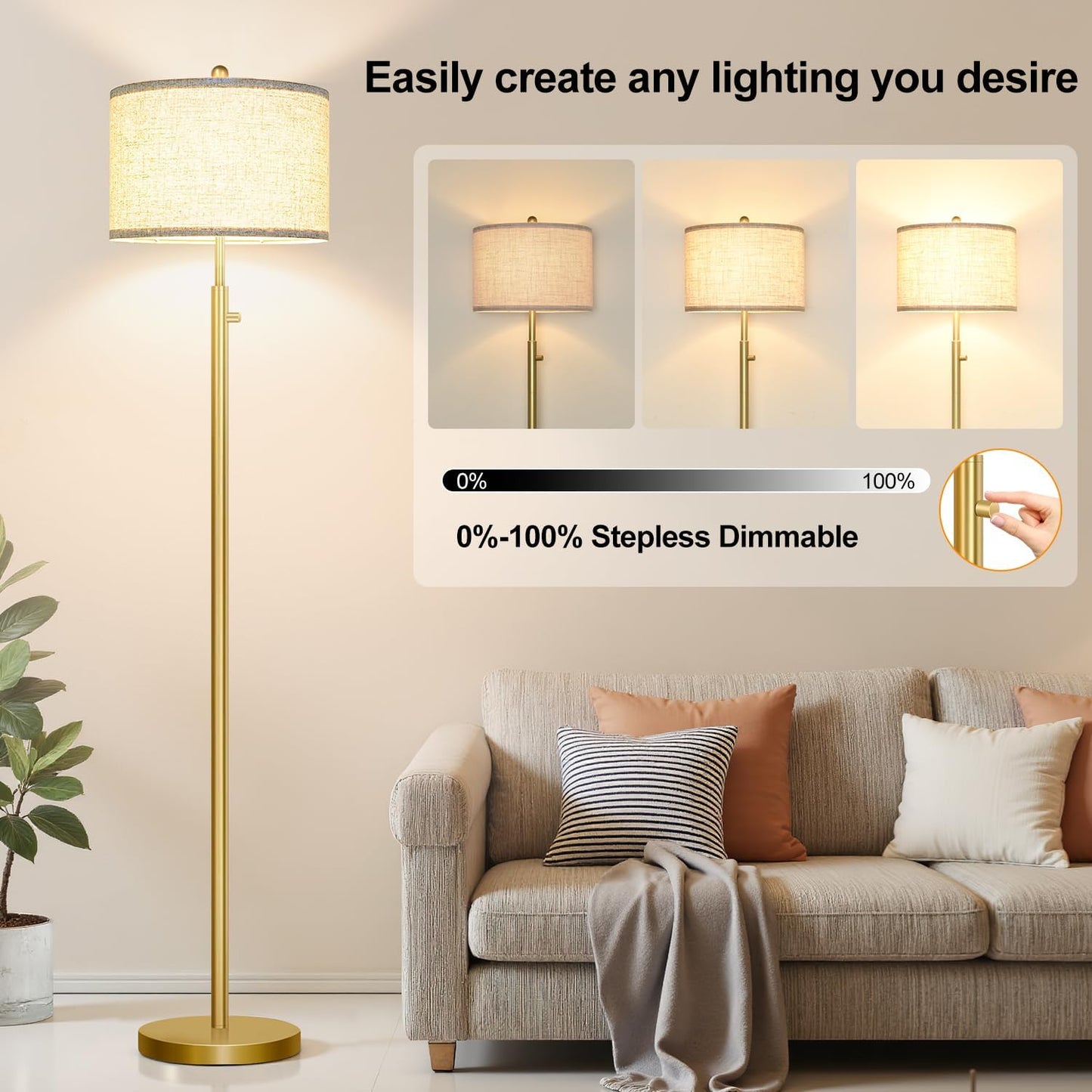 Nintiue 【Upgraded】 Dimmable Floor Lamp for Living Room, 11W LED Bulb Included, Modern Standing Lamp, Tall Pole Light with Linen Shade for Bedroom Reading Office Corner Nursery-Gold