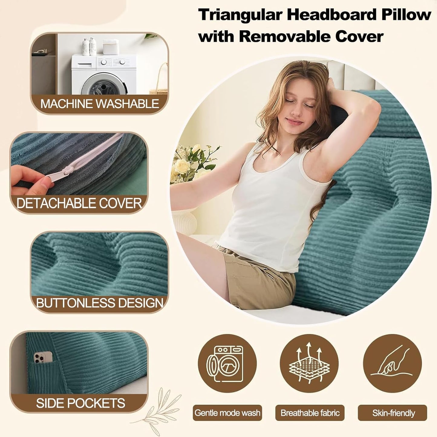 Headboard Pillow Twin, Large Triangular Wedge Cushion with Neck Roll Pillow for Reading Sitting Working, Backrest Positioning Support Bodypillow with Removable Washable Cover for Bed Dorm Sofa