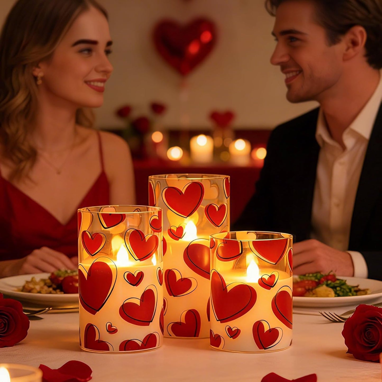 Valentines Day Flameless Candles with Remote, Red Heart Glass Battery Operated Candles, Real Wax Flickering LED Pillar Candles for Proposal Wedding Anniversary Romantic Night, 3 Pack