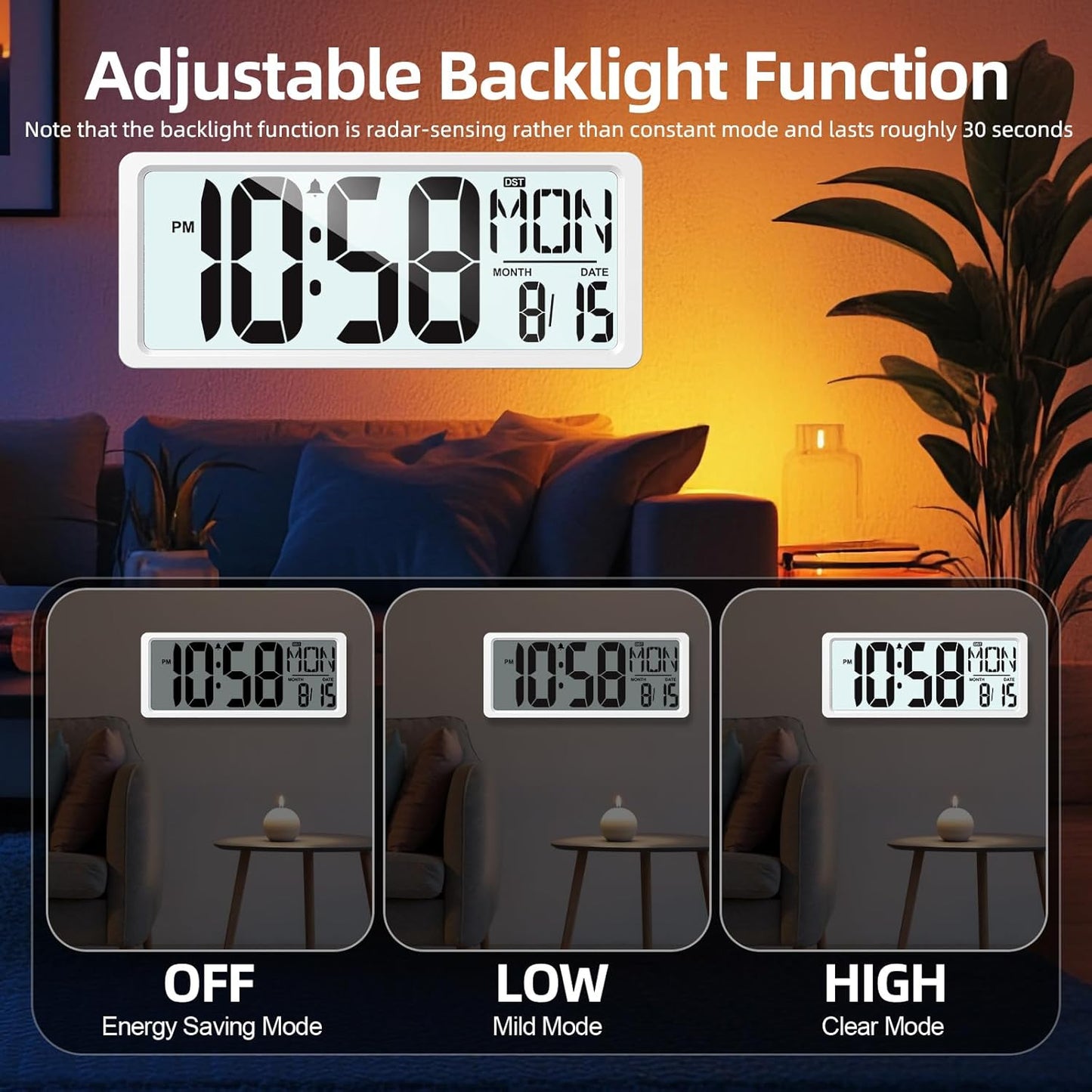 XREXS Large Digital Wall Clock Battery Operated with Backlight, 15" LED Large Display Timer with Temperature Date Week Auto DST Adjustable Brightness, Alarm Clock for Classroom, Livingroom, Office
