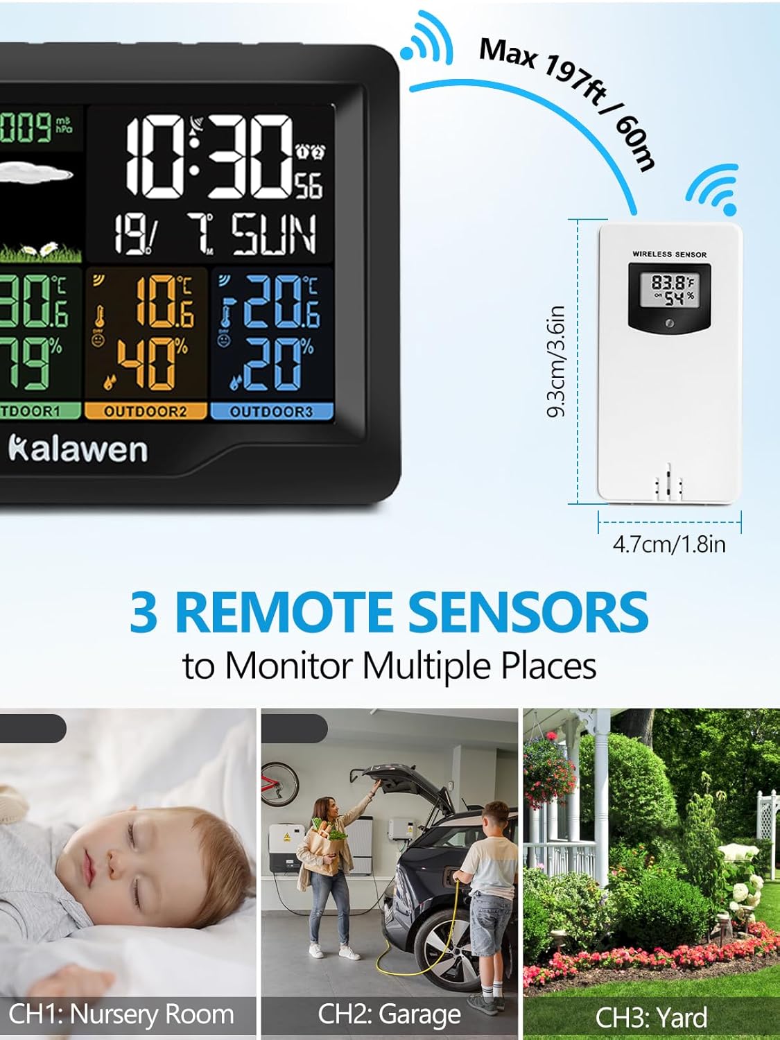 Kalawen Home Wireless Weather Station Multiple Sensors with Atomic Clock, Indoor/Outdoor Thermometer Wireless Humidity Barometer Monitor