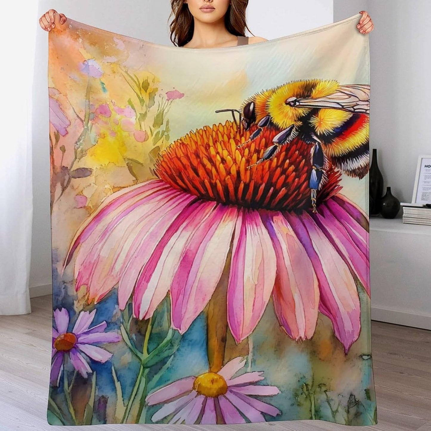 Bee Flowers Throw Blanket for Couch Bed Plush Cozy Fuzzy Flannel Blanket for All Season 40"x60"