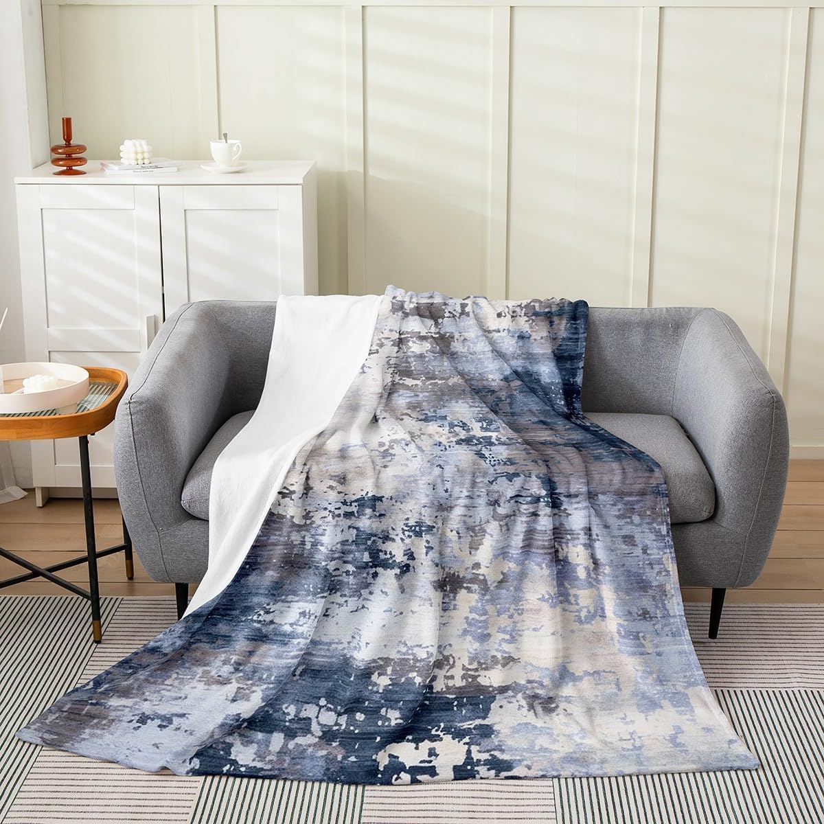 Erosebridal Watercolor Throw Blanket,Modern Abstract Fleece Blanket for Couch Crib Chair,Navy Blue Tie Dye Ombre Flannel Blanket,Contemporary Grunge Aesthetic Bed Blanket (Navy Blue Grey,Throw 50x60)