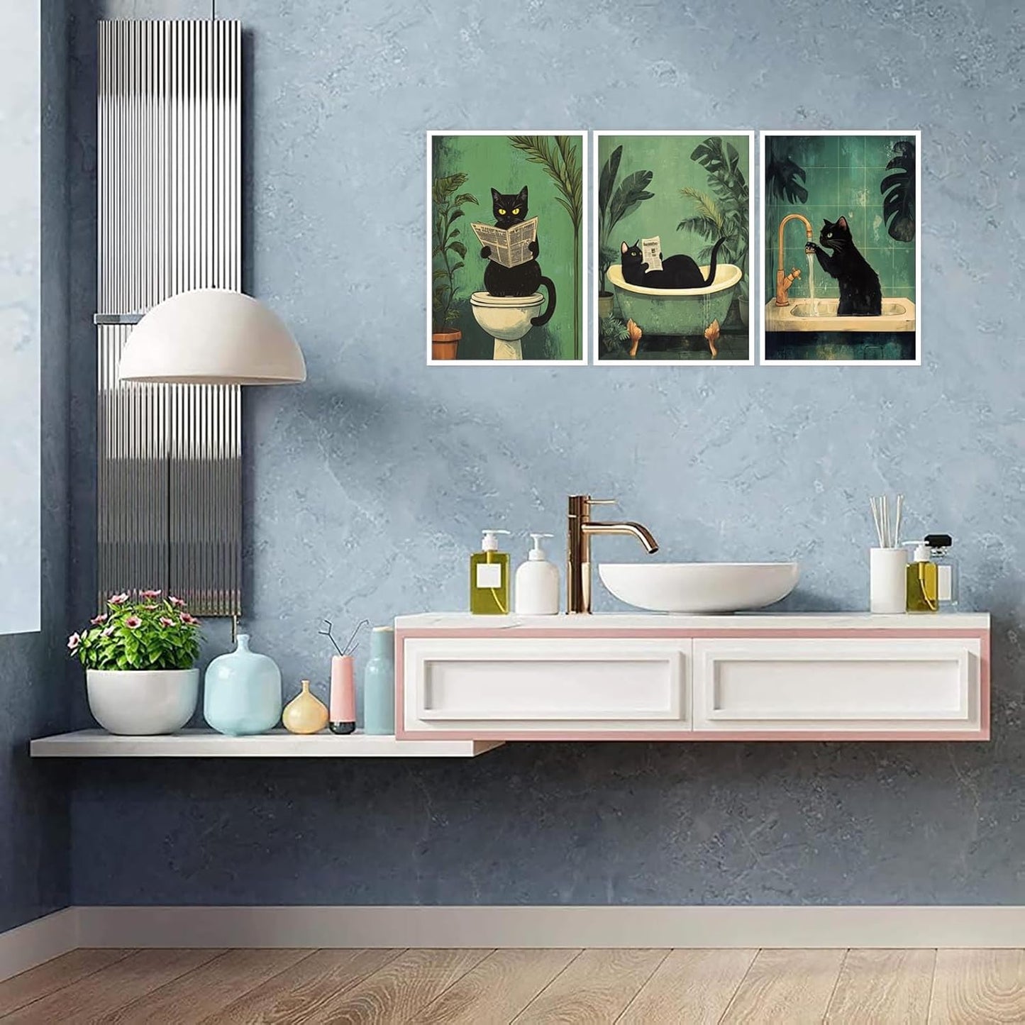 3pcs Funny Black Cat Bathroom Canvas Wall Art Cute Cat Wash Its Paws Reading Newspaper Poster Modern Abstract Green Aesthetic Animal Prints Painting For Bathroom Toilet Wall Decor 8x10in Unframed