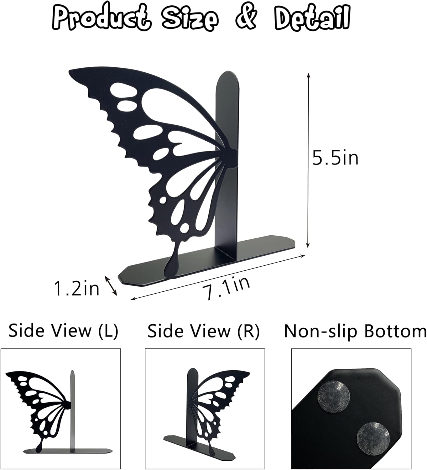 Butterfly Metal Bookends Cute Butterfly Book Ends for Shelves Bookshelf Decorative Objects Home Office Desk Bookshelf Decor Gifts for Family (Black)