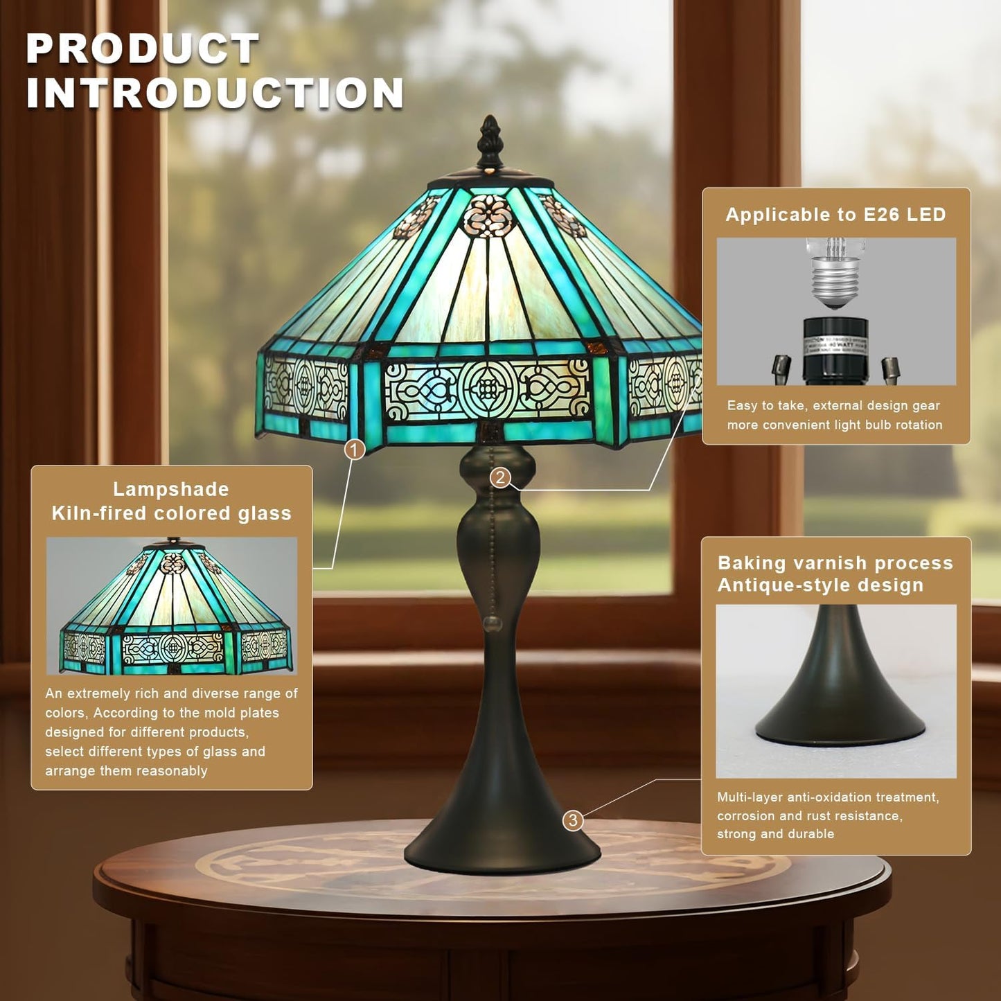 Tiffany Style Table Lamp, Stained Glass Lamp, 12x12x19 Inch, Vintage Metal Base Desk Light,（Green）