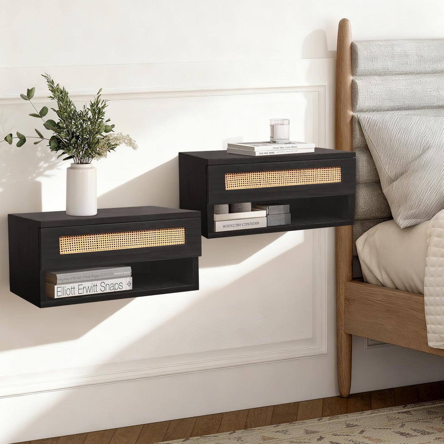 Floating Nightstand, Small Modern Rattan Floating Nightstand with Drawer, Floating Shelves for Bedroom, Bathroom Minimalist and Unique Style 16”x 10”x 8”Black