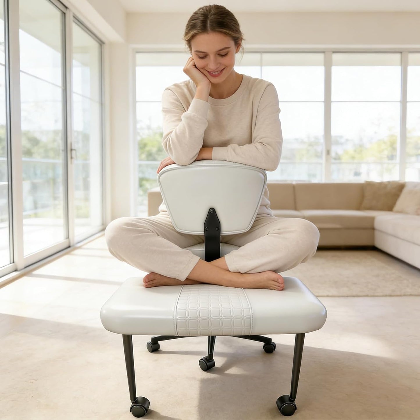 Meditation Chair with Footrest, 360° Swivel Height Adjustable Criss Cross Chair, White PU Padded Wide Seat, Home Office Desk Chair for Reading, Yoga, Peaceful Living