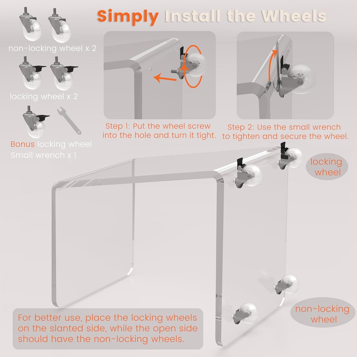 2-Pack C Shaped Side Table for Sofa, Heavy Clear Acrylic Mobile End Table on Wheels, Modern Rolling Snack & Drink for Living Room & Bedroom, Space-Efficient Design with Sturdy Construction, 15mm Thick