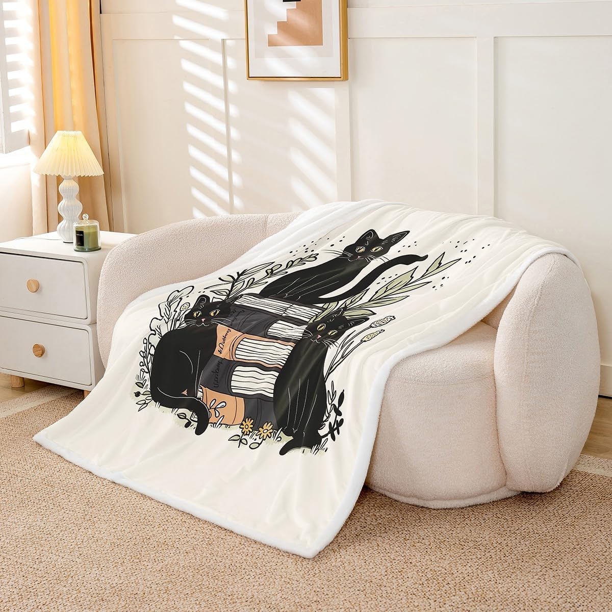 jejeloiu Black Cat Sherpa Throw Blanket for Couch Garden Floral Super Soft Cozy Fleece Cute Kitten Blanket for Winter, Plush Throw Reading Book Throw 50"x60" All Season