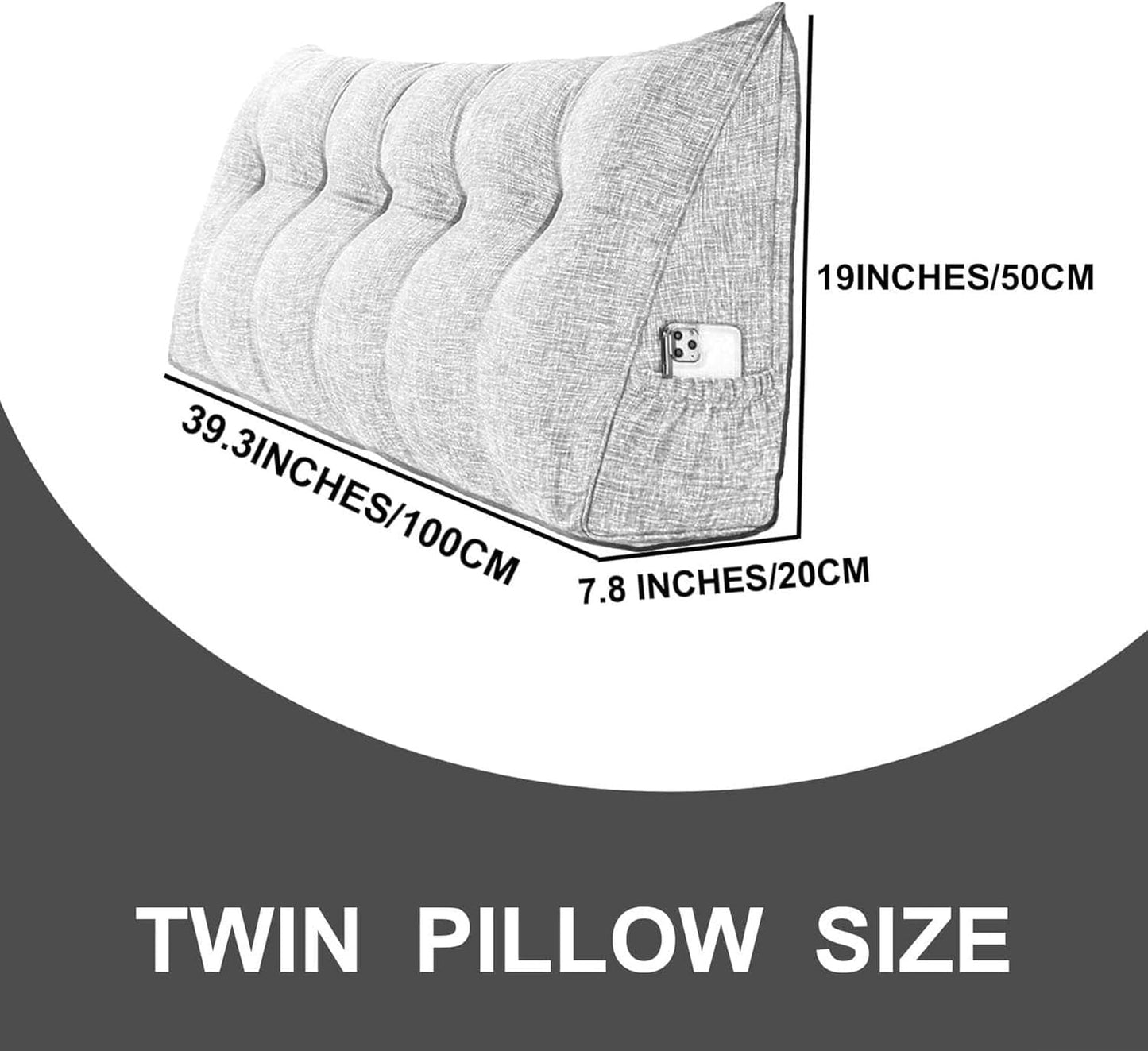 Large Triangular Headboard Pillow Wedge Reading Bed Rest Pillow Linen Cotton Bolster for Daybed Backrest Positioning Support Cushion with Removable Cover