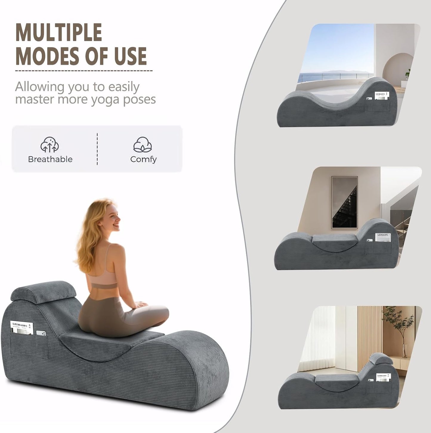 Yoga Chair Lounge for Adult, Ergonomic Chaise Lounge Chair with Side Pocket, Headrest, Waist Pad, Perfect for Stretching, Massage, and Relaxation, Used in Living Room, Bedroom（Dark Gray）