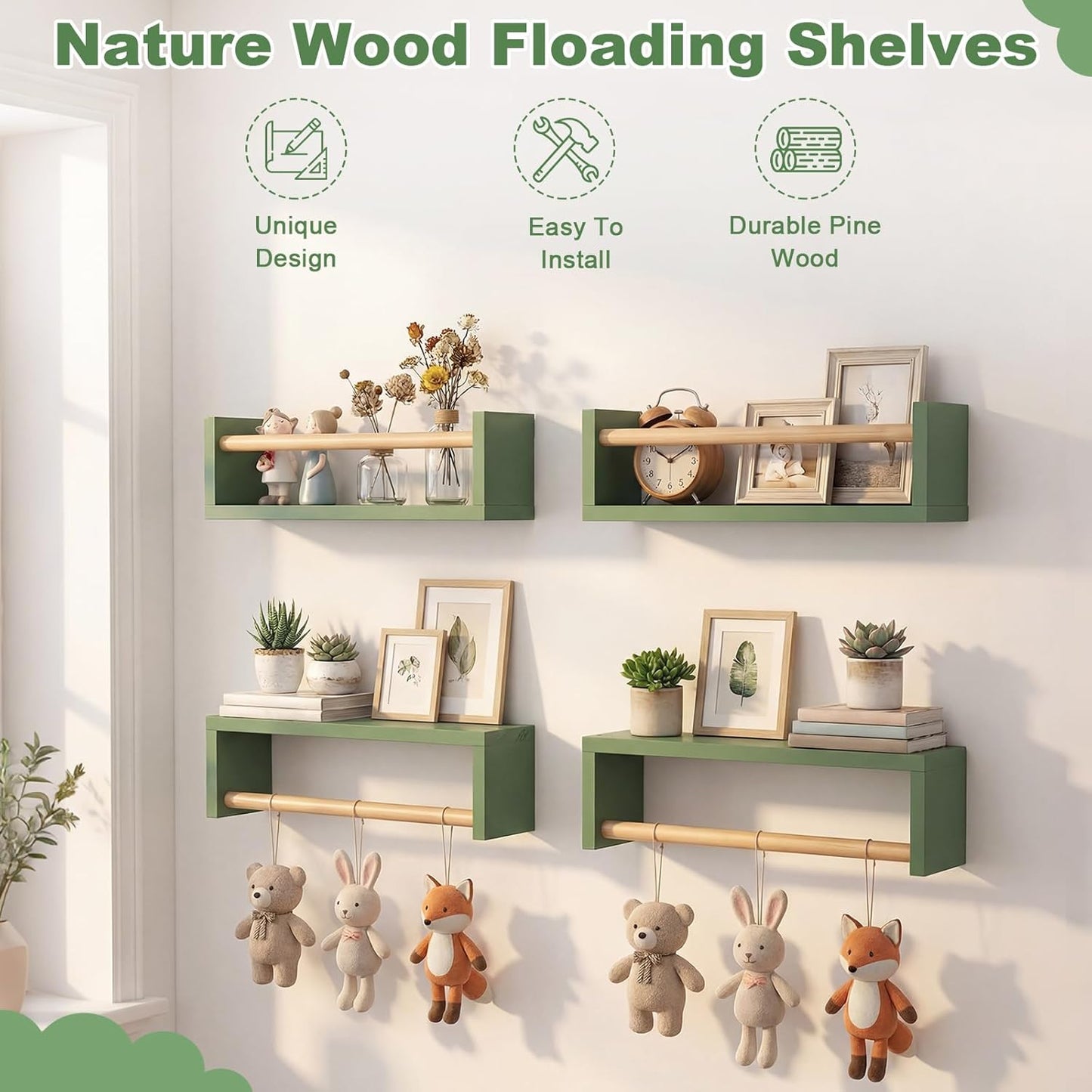 16 Inch Floating Book Shelves for Nursery Set of 3 Sage Green Wood Hanging Bookshelf Room Wall Shelf for Toys Decorative Displays Storage Nursery Decor