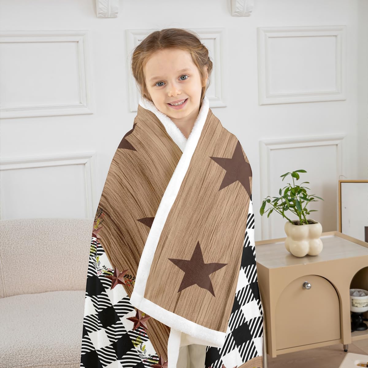 Erosebridal Western Texas Star Blanket 40"x50", Farmhouse Black Plaid Throw Blanket, Brown Vintage Country Star Fleece Blanket, Retro Rustic Checked Grid Wooden Grain Fleece Blanket