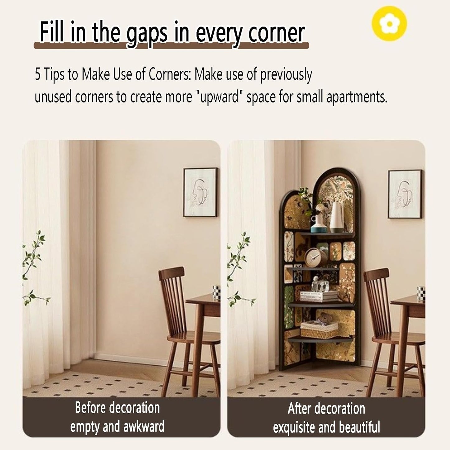 4-Tier Corner Bookcase Wood Shelf,Open Display Storage Stand Bookshelf,Fan-Shaped Storage Cabinet with Decorative Painting,Corner Wall Shelf for Living Room,Office(B,170*40cm/66.9*15.7in)