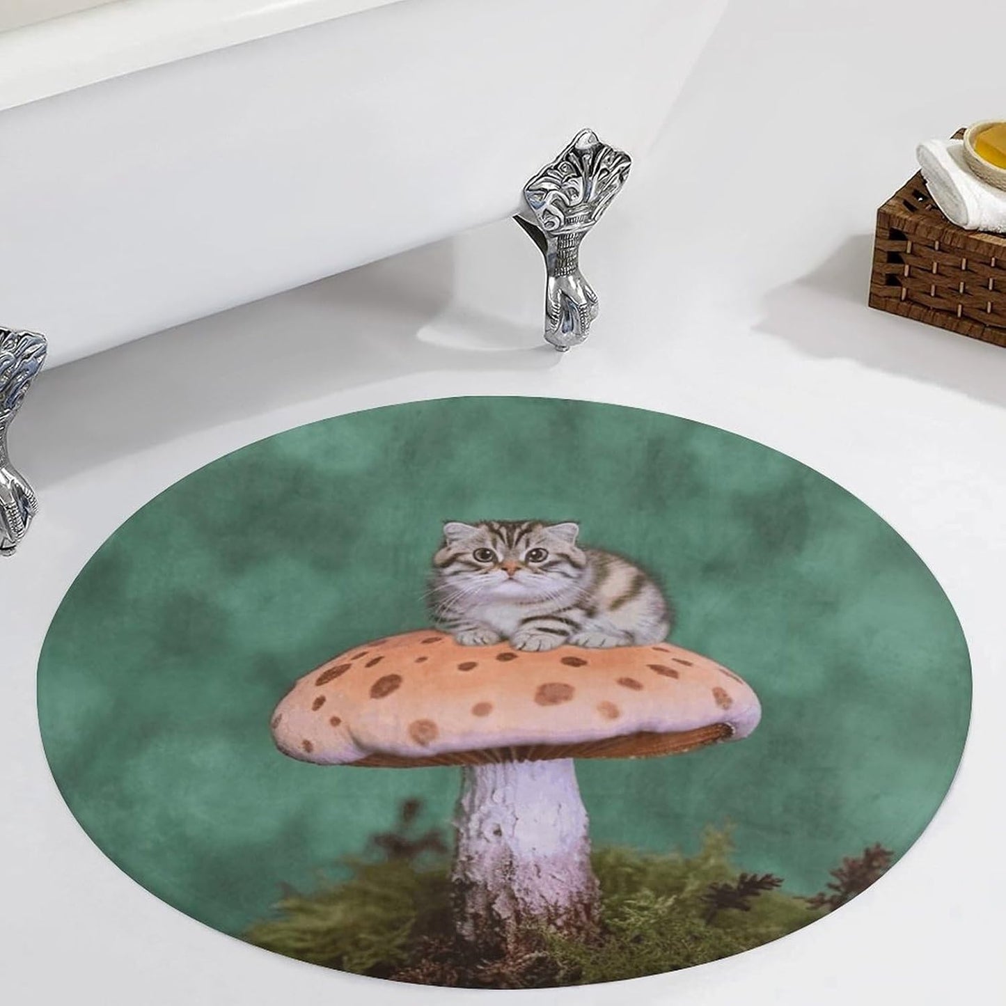 Cat on Mushroom Circle Rug Retro Luxury Coral Velvet Floor Mat Non Slip Soft Indoor Floor Carpet Comfy Thickened Area Rugs Modern Aesthetic Minimalist Carpets for Home Decor
