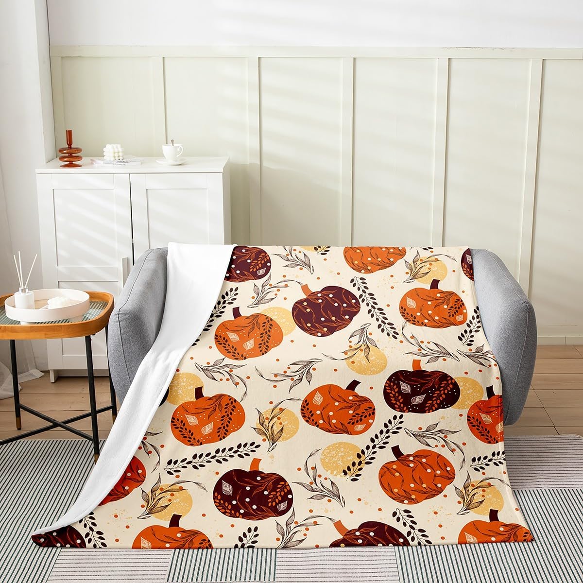 Erosebridal Fall Harvest Pumpkin Flannel Blanket Rustic Countryside Style Fuzzy Plush Throw Autumn Cabin Farmhouse Fleece Blanket for Kids Boys Girls,Pumpkin Leaf Decor for Bed Couch Queen 90"x90"