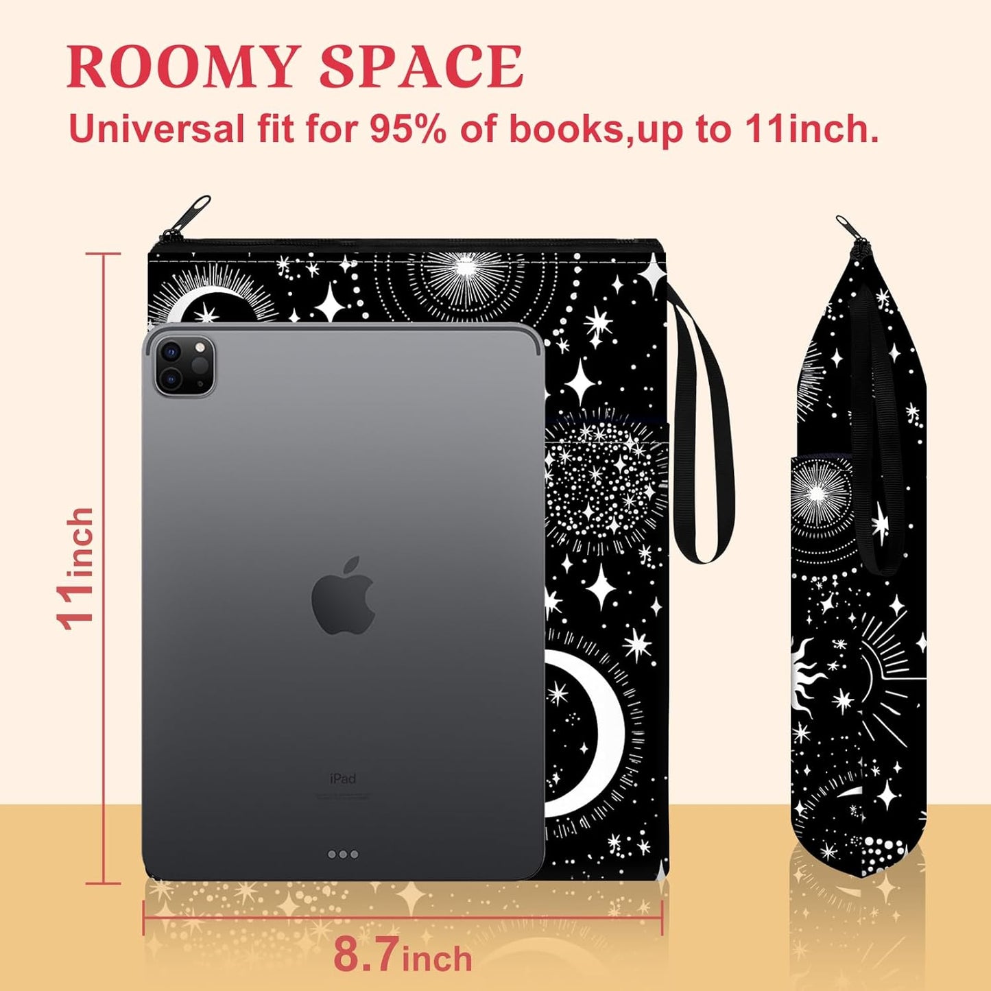 Slohif Book Sleeve Pouch Book Cover Protector with Zipper Black Book Beau Booksleeve Pouches for Paperback HardBook Cover Reading Accessories Item for Students Women Readers(Sun Moon)