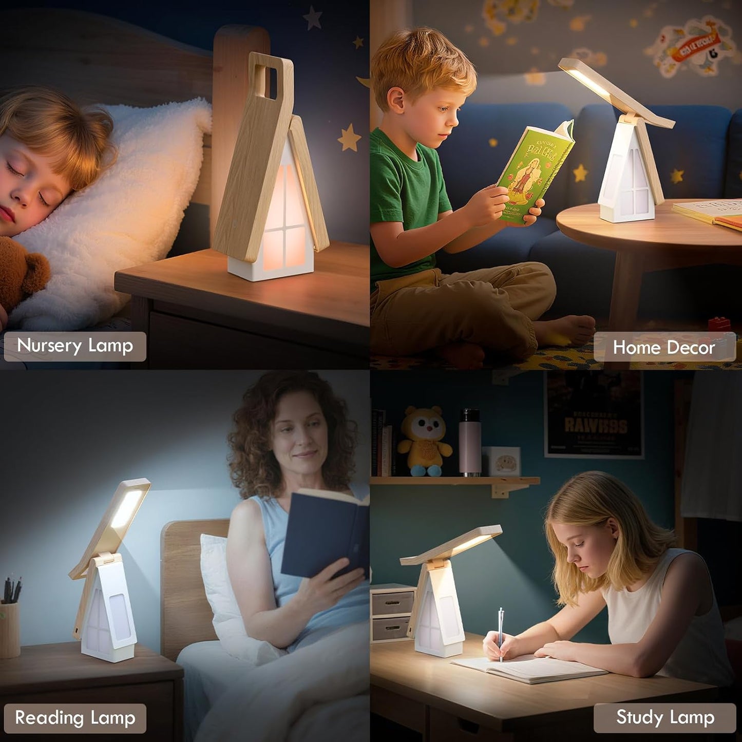 Bedside Table Lamp for Kids, Rechargeable Small Cordless Table Lamp, 3 Color Modes, Dimmble Nightstand Lamp Touch Control, Foldable Desk Lamp for Bedroom, Christmas Nightlight for Work, Study, Reading