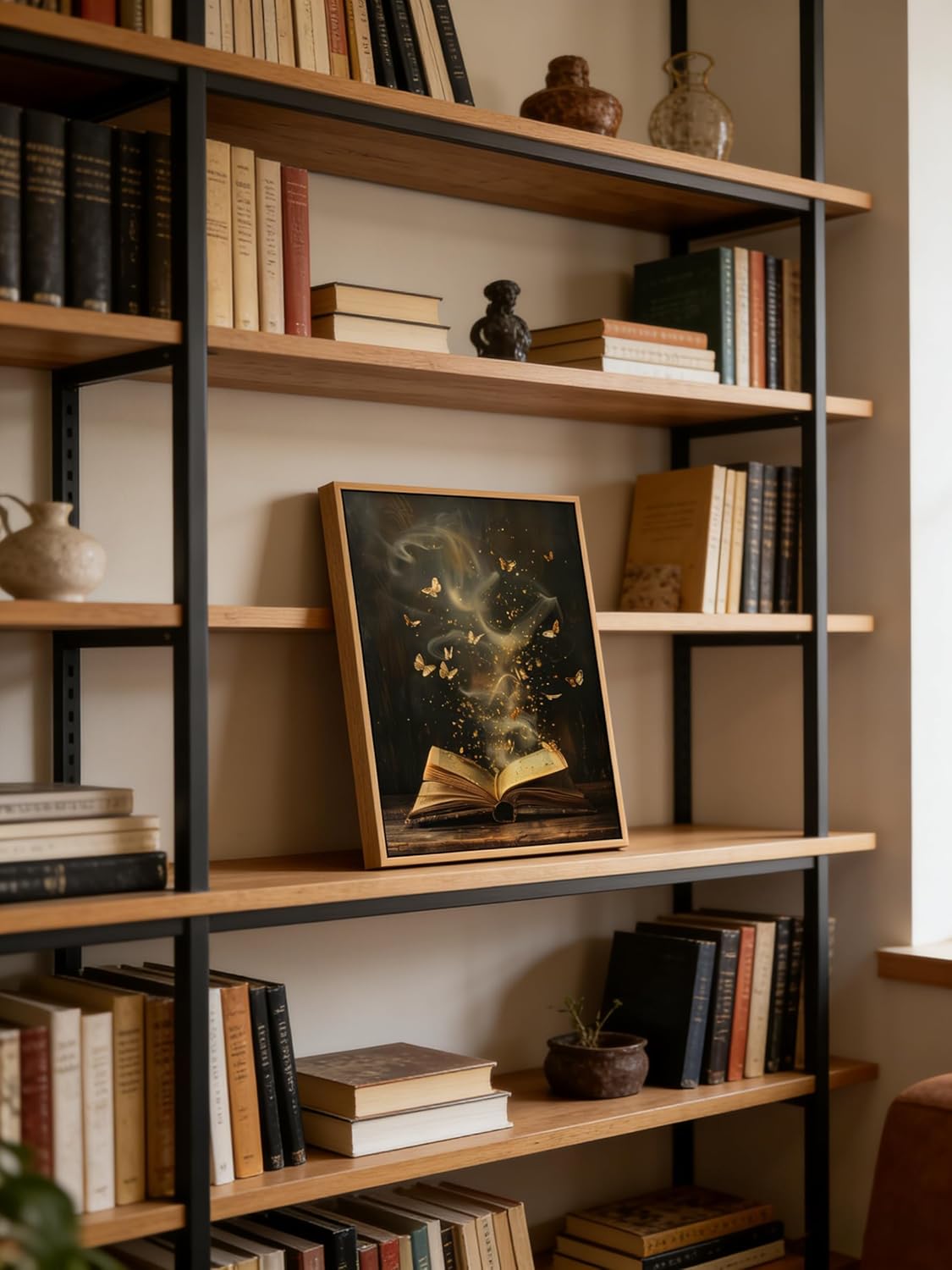 Framed Moody Victorian Bookish Wall Art Dark Academia Library Canvas Wall Decor Picture Vintage Reading Nook Butterfly Aesthetic Painting Poster Print for Gallery Library Bookstore Decoration 8x10in