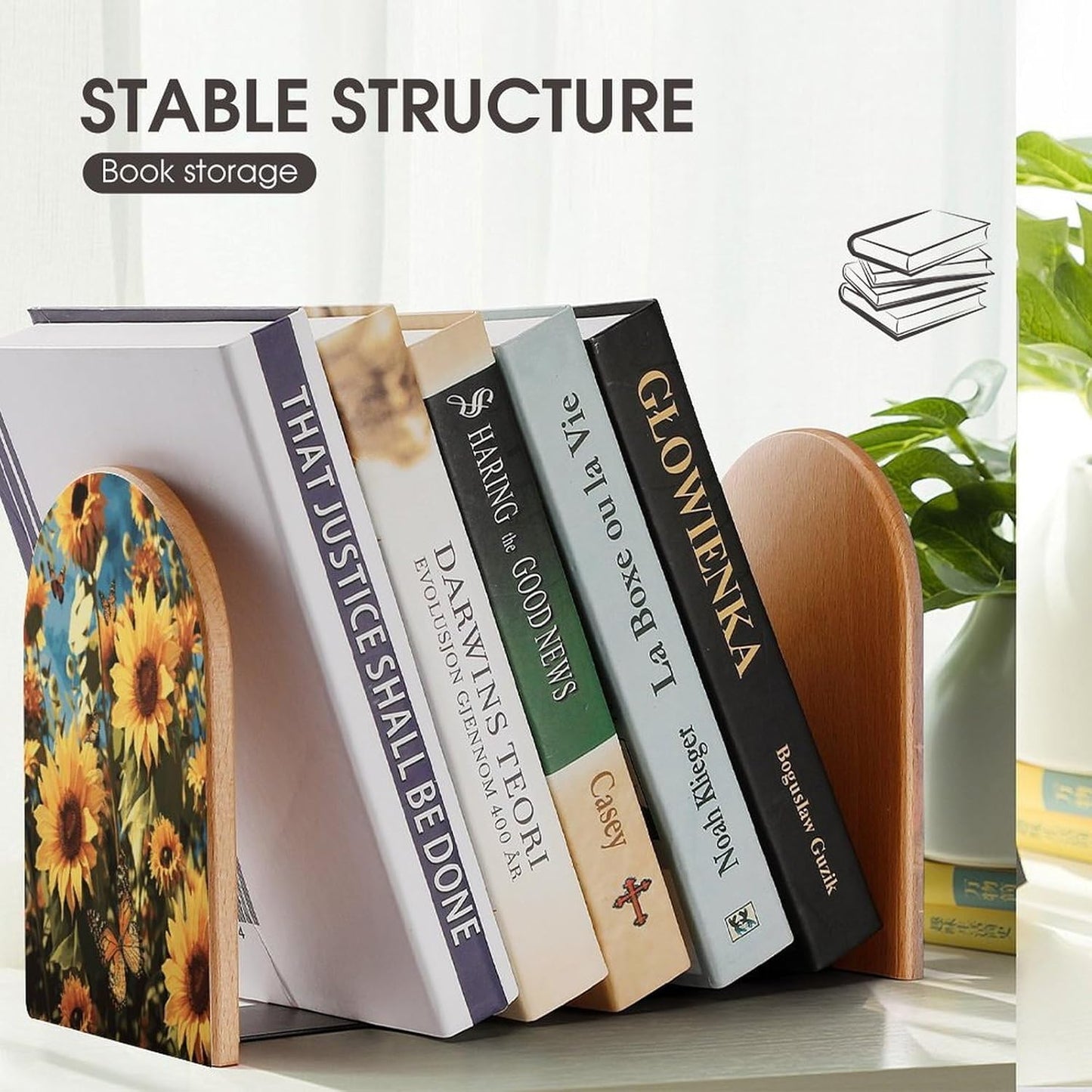 Sunflowers and Butterflies Bookend for Shelves Wooden Book End Large Size Sturdy Book Holders Stoppers with Metal Base for Bookshelves Slick Decorative Bookends Stands