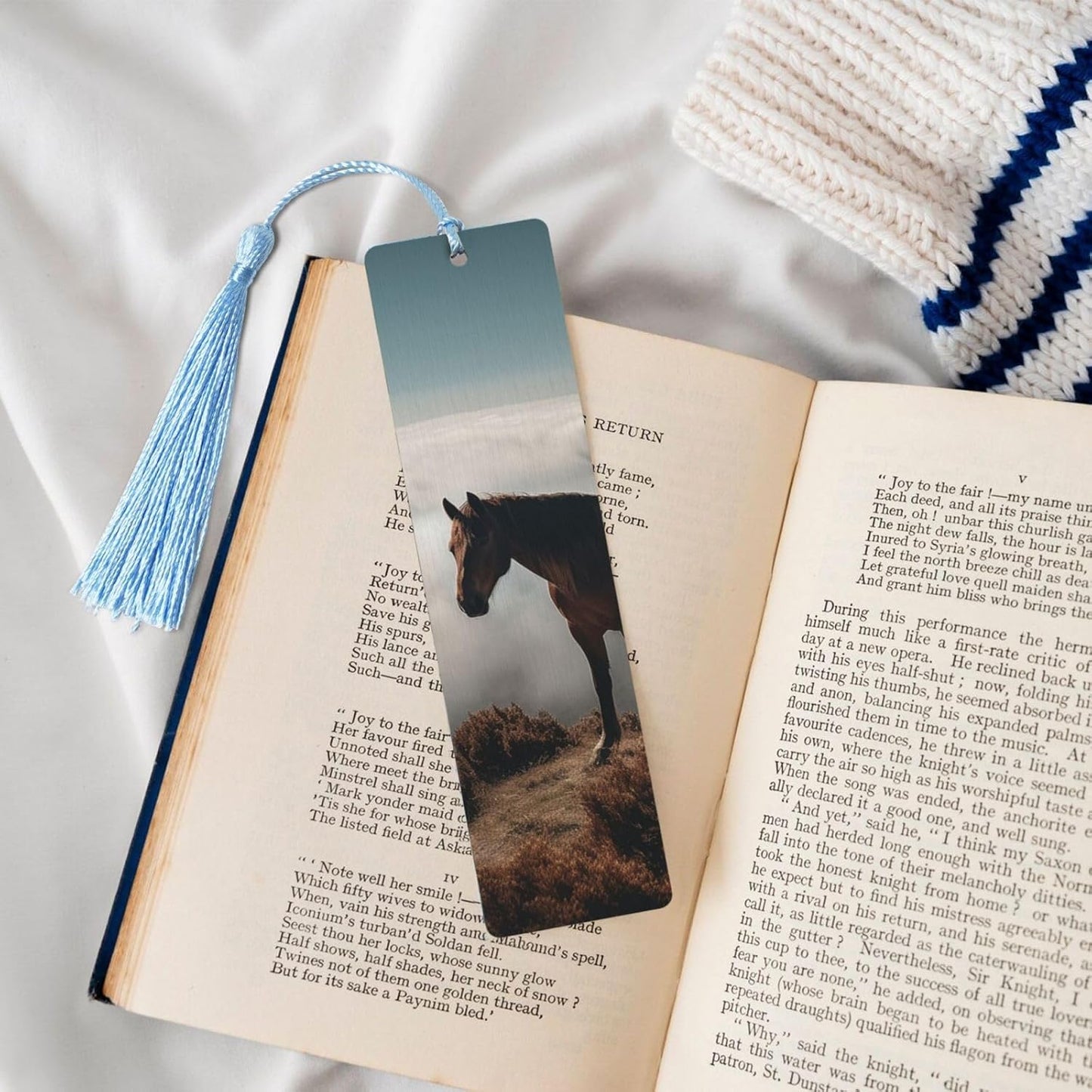 Horse on a Misty Mountaintop Bookmarks Gifts for Women Men, Wooden Bookmarks for Book Lovers, Vintage Book Marks Ornaments with Tassel, Unique Personalized Reading Page Markers Sky Blue