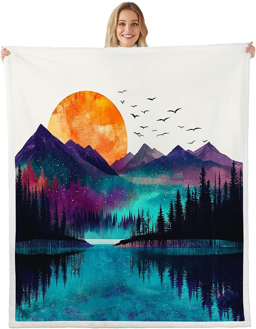 Smoky Mountain Fleece Blanket Pineforest Bed Blanket 50"x60",Trees Natural Scenery Art Throw Blanket for Kids Child,Sunset Mountain With Firforest And Arrow Folk Style Retro Print Bedroom Decor