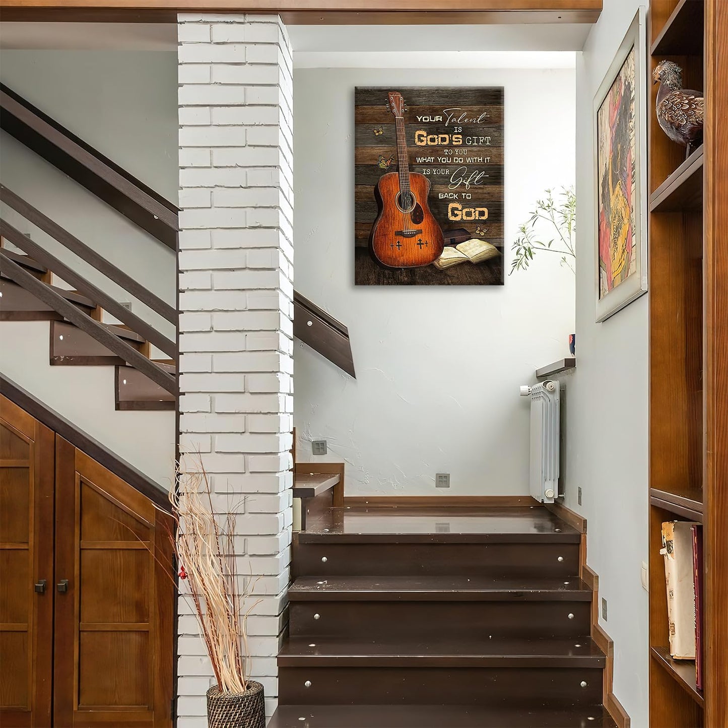 Guitar Canvas Wall Art Vintage Musical Christian Pictures for Kitchen Bedroom Bathroom Office Retro Guitar Music Print Religious Painting Farmhouse Modern Artwork Framed Wall Decor 16" x 12"