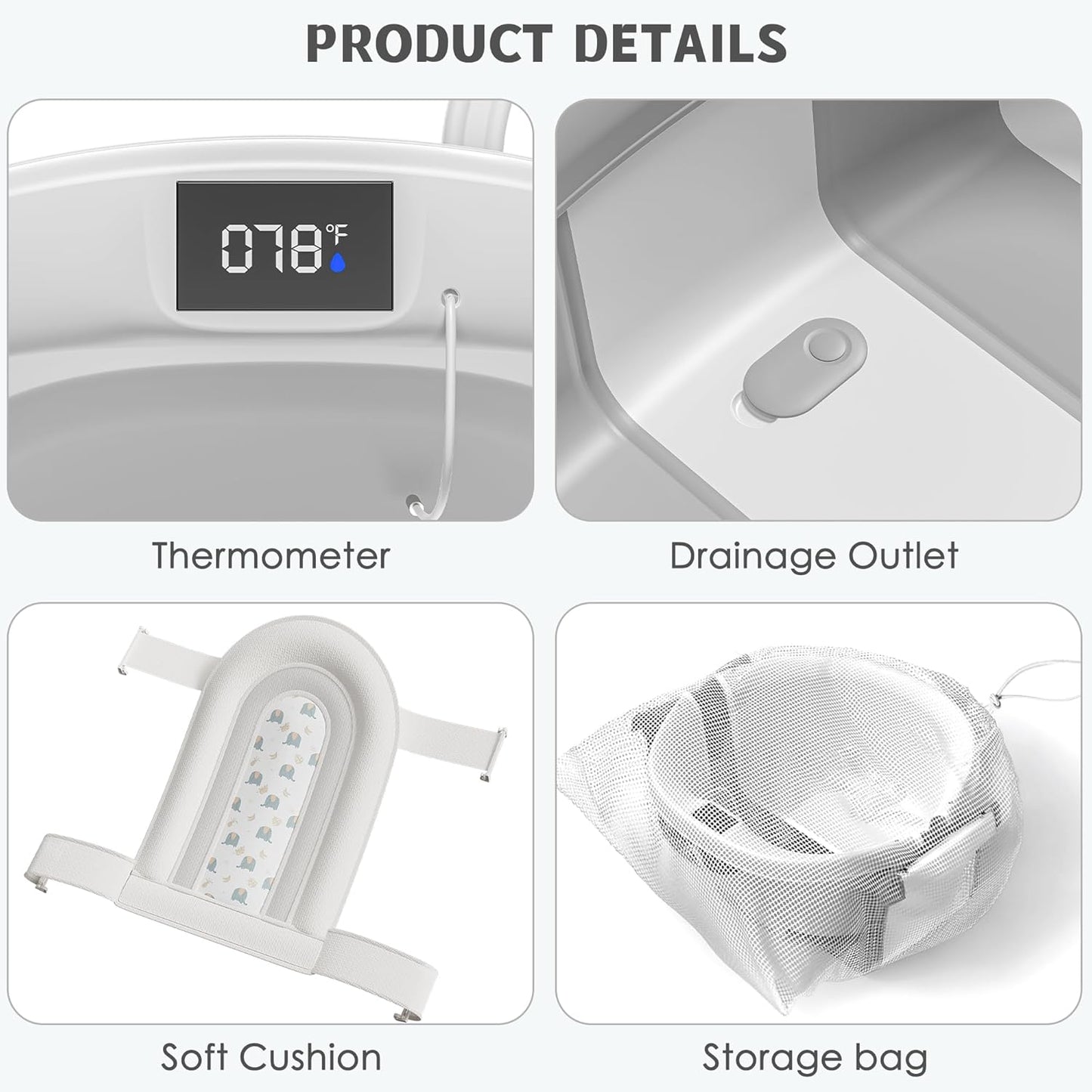 Collapsible Baby Bathtub for Newborn to Toddler 0-36 Months, Spacious Foldable Infant Bath Tub with Thermometer, Cushion & Drain Hole, Portable Travel Tub Grey