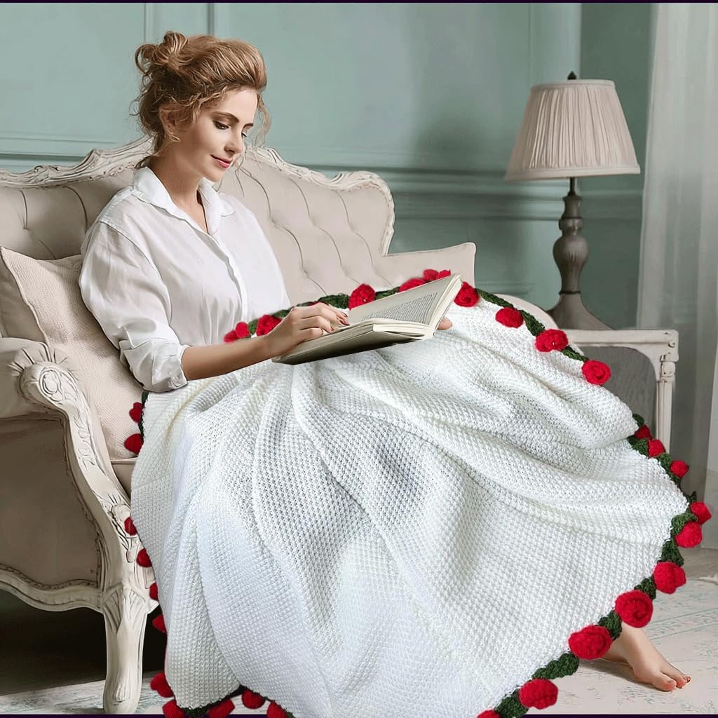 Handmade Crochet Flower Bouquet Blanket - 43.31" Soft Lightweight Round Throw, Romantic Knitted Home Decor, Great Gift for Women, Birthday, Valentine's Day, Christmas