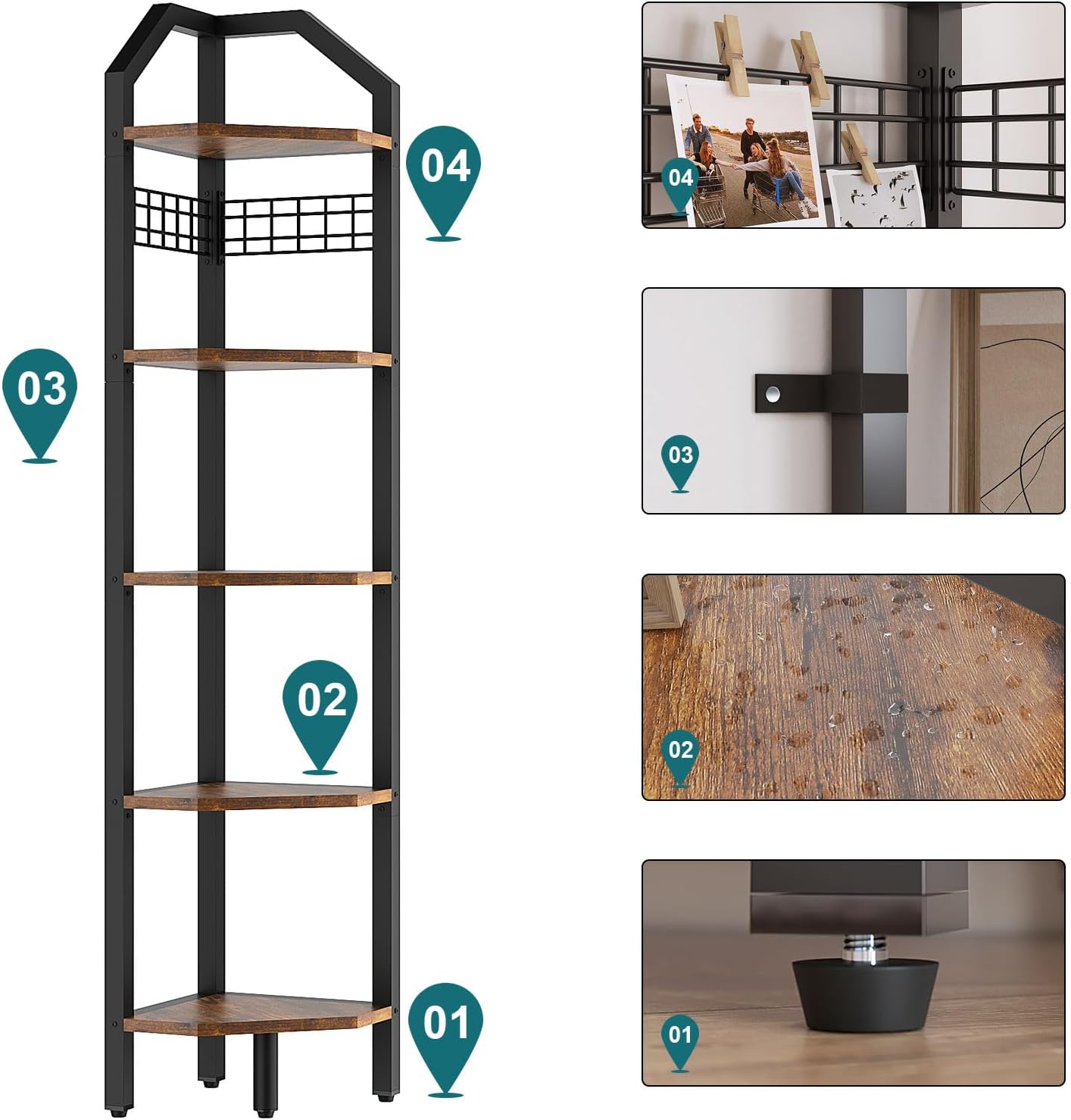 YMYNY 5-Tier Corner Shelf, Freestanding Corner Bookshelf, Plant Stand, Industrial Bookcase, Multi Storage Shelf Rack for Living Room, Bathroom, Bedroom, Small Space, Rustic Brown, 69" H, UHBR006H