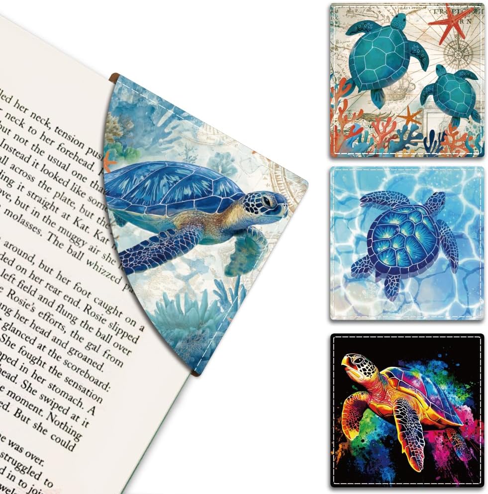 MAYJOYDIY 4Pcs Sea Turtle Corner Bookmarks 4 Styles Turtles Book Page Markers 3.5×3.5 Inch Ocean Animal Leather Book Accessories for Women Men Students Teachers Birthday Gift Reading Lovers