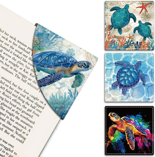 MAYJOYDIY 4Pcs Sea Turtle Corner Bookmarks 4 Styles Turtles Book Page Markers 3.5×3.5 Inch Ocean Animal Leather Book Accessories for Women Men Students Teachers Birthday Gift Reading Lovers