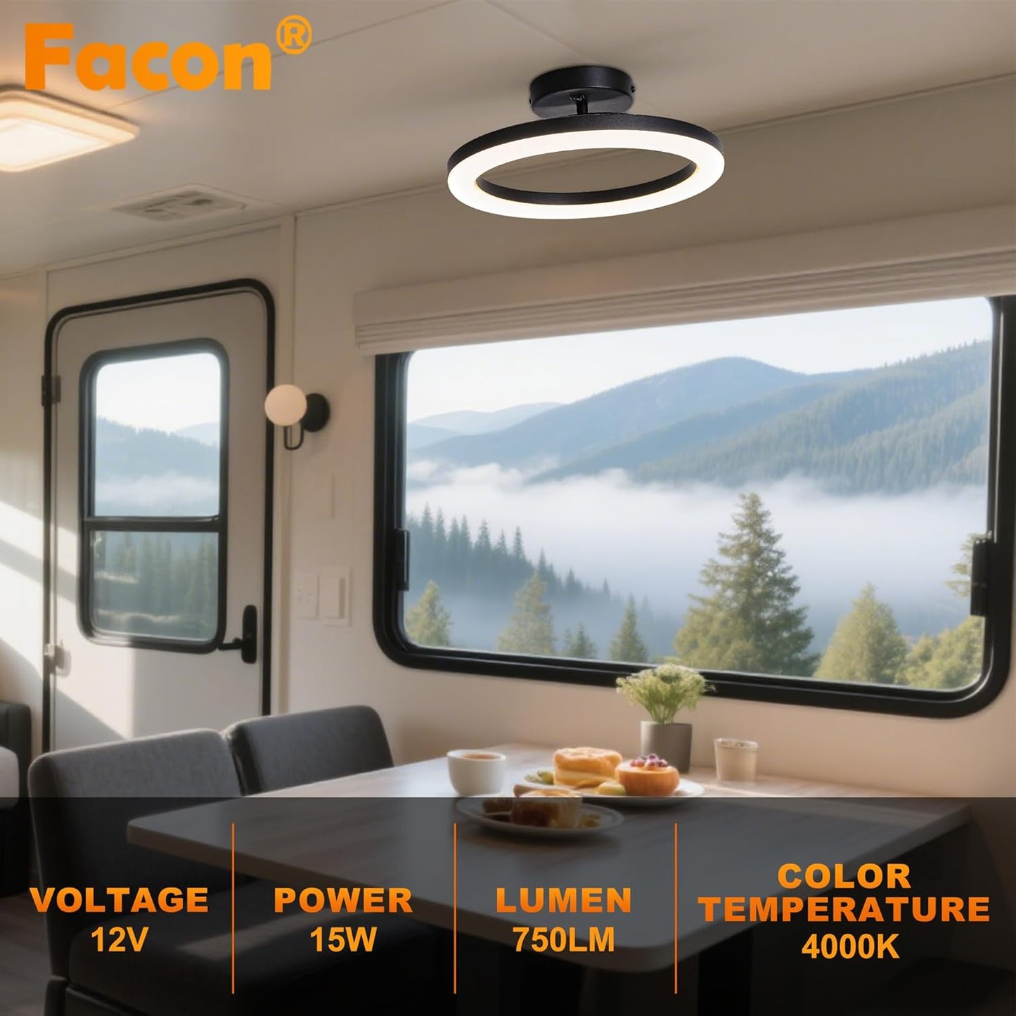 Facon RV Interior Lighting 12V LED Pendant Light Fixture with Switch - 15W 750LM 4000K Cool White, Dimmable Ceiling Light for RV Motorhome Camper Dinette, Kitchen, 11.83’’ Dia
